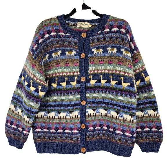 L.L. Bean Sweaters - Vintage LL Bean Sheep Geese Horse Wool Cardigan Sweater Women's Large Blue